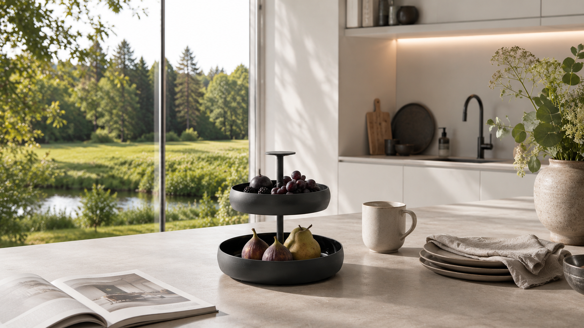 Von Philippi Design: NEUE 2-stöckige Etagere NEGRETTO, außen: 
schwarzes, mattes Aluminium mit Pulverbeschichtung, innen: glänzende  Emaille, u.a. für Obst
