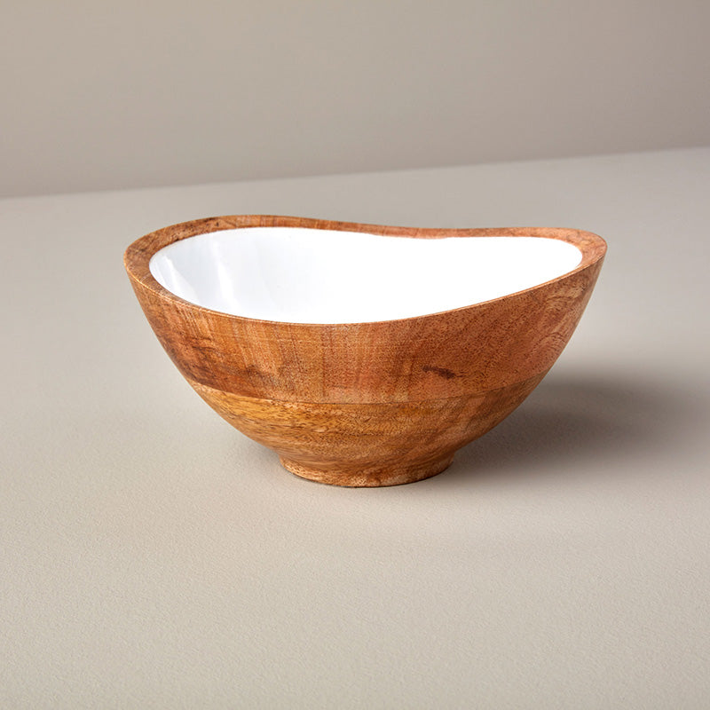 Detailansicht Home-and-Kitchen Online Shop, behome Schüssel Madras - Mangoholz - Ø 16cm, innen weiß emailliert, handarbeit