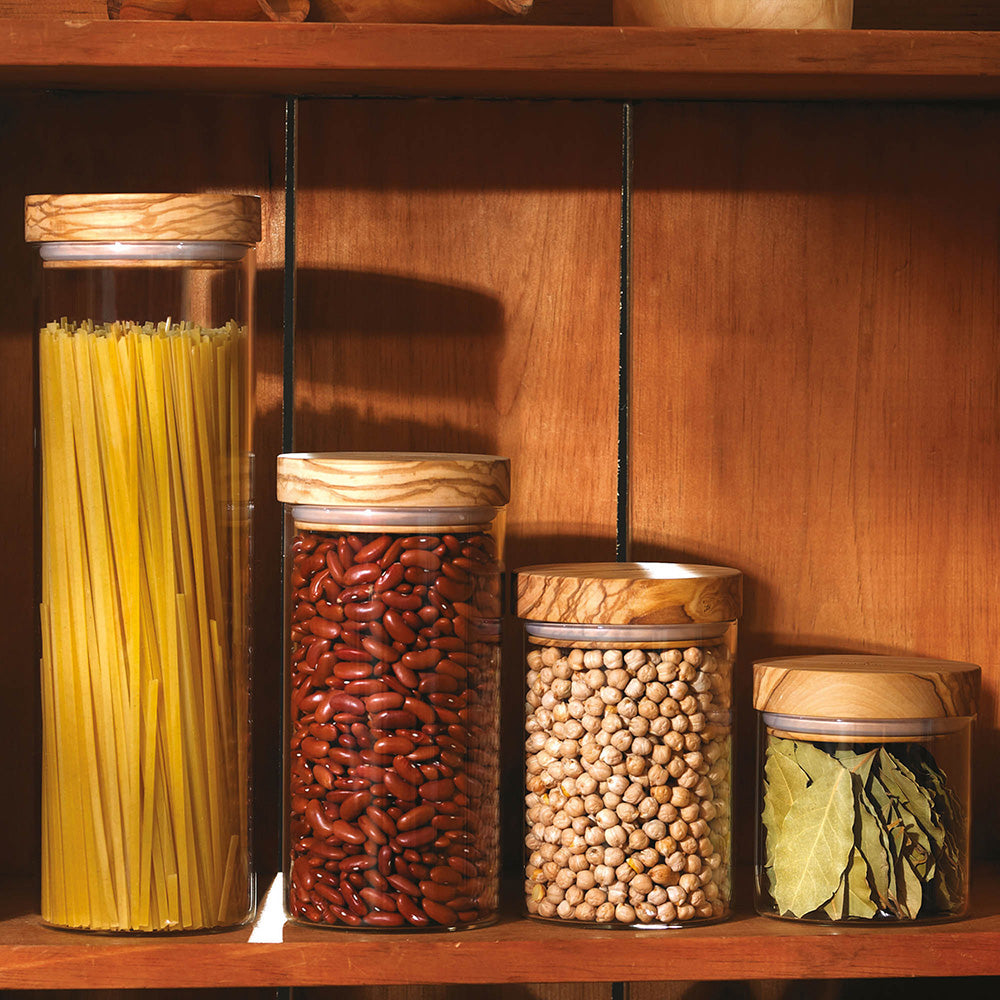 Dekorationsvorschlag Berard Aufbewahrungsdosen mit Deckel – Glas & Olivenholz in verschiedenen Größen im Home-and-Kitchen Onlineshop