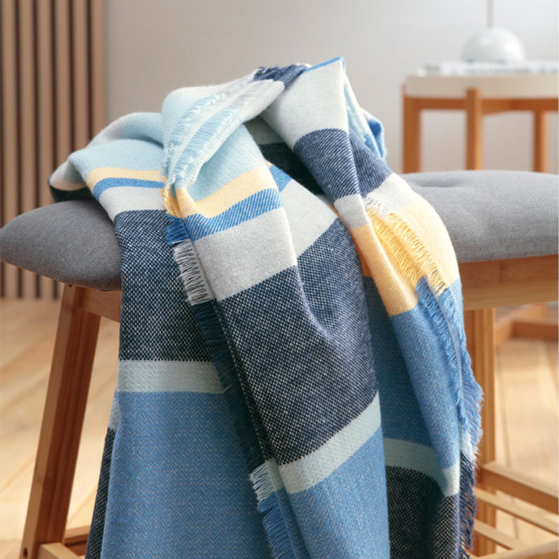  Biederlack Plaid mit Fransen STRIPE OUT - 130x170 - gestreift - blau-gelb, im Home-and-Kitchen Online Shop