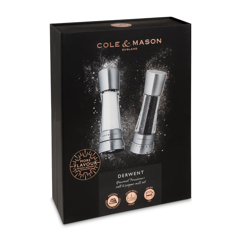 Cole & Mason Gewürzmühlen Set  Derwent, aus gebürstetem Edelstahl in einer aufwendigen Geschenkschachtel