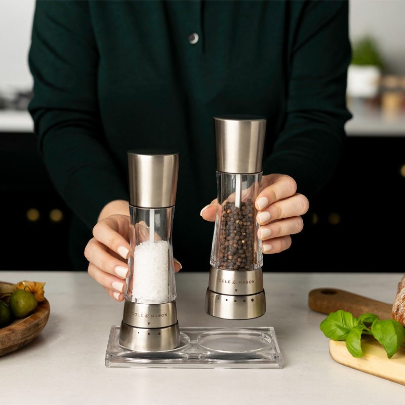 Cole & Mason Derwent Pfeffer-und-Salz Mühlenset, gebürstetes Edelstahl und Glas, Online-Shop Home-and-Kitchen.de