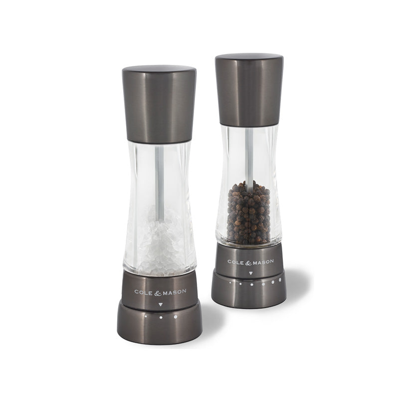 Cole & Mason Derwent Pfeffer-und-Salz Mühlenset, gebürstetes Edelstahl in der Farbe Iron Grey, im Home & Kitchen Online Shop