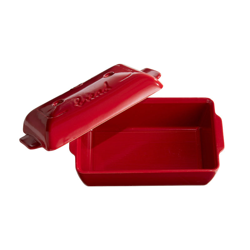 Geöffnete Emile Henry - Brotbackform aus französischer Keramik für Kastenbrot, rot, 22 cm lang mit Deckel im Home-and-Kitchen Online Shop