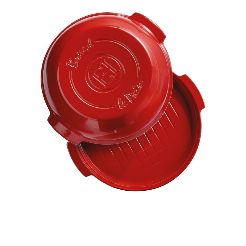 Ausicht mi geöffnetem Deckel auf die  Emile Henry  - Brotbackform rund - Farbe Rot, Durchmesser 32,5 cm, aus Keramik, hergestellt in Frankreich, im Home-and-Kitchen Online Shop