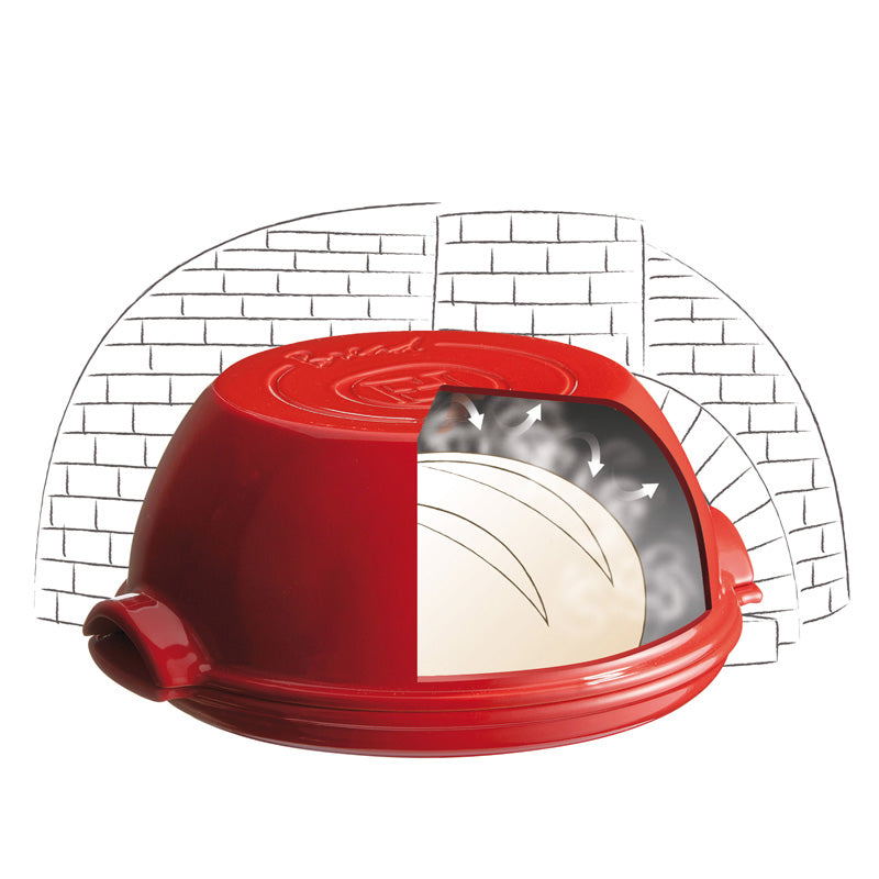 Funktionsdarstellung der Emile Henry  - Brotbackform rund - Farbe Rot, Durchmesser 32,5 cm, aus Keramik, hergestellt in Frankreich, im Home-and-Kitchen Online Shop