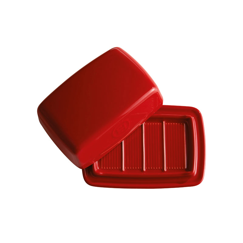 Aufsicht mit geöffnetem Deckel Emile Henry Keramik Butterdose – rot für 250 Gramm Butter im Home-and-Kitchen Online Shop