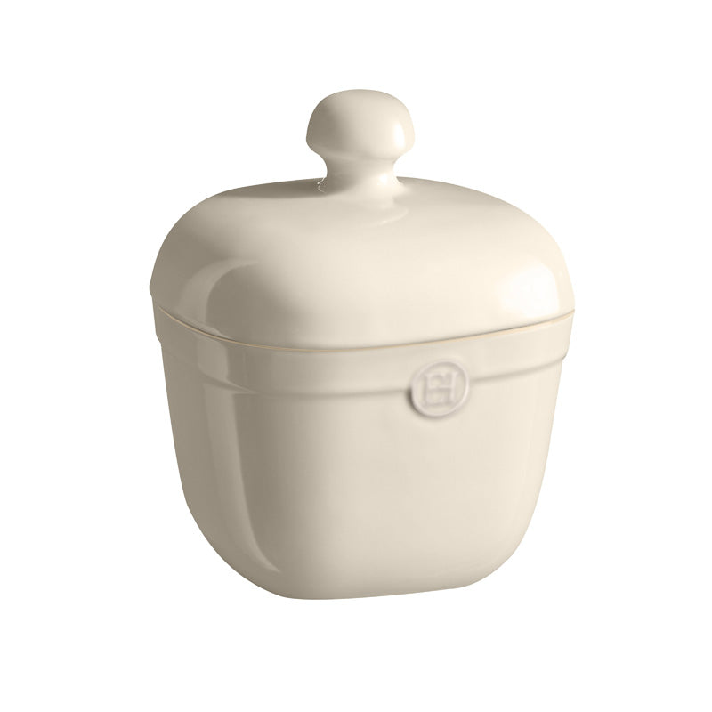 Seitenansicht mit Logo Emile Henry – Keramik Aufbewahrungsdose / Keksdose 2,45 L - creme - argile, Höhe 25 cm im Home-and-Kitchen Online Shop