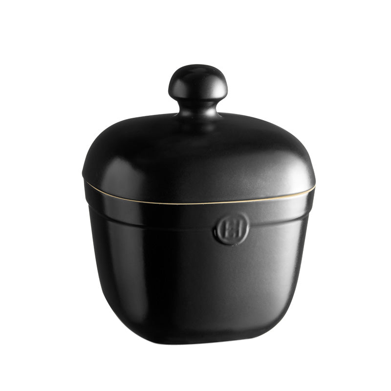 Seitenansicht mit Logo Emile Henry – Keramik Aufbewahrungsdose / Keksdose 2,45 L - Schwarz, Höhe 25 cm im Home-and-Kitchen Online Shop