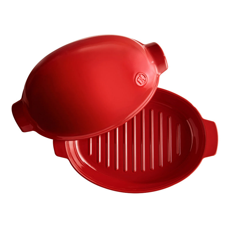 Aufsicht Emile Henry – Keramik Hähnchenbräter mit gerilltem Boden – XL - 8 l – Rot, mit Deckel im Home-and-Kitchen Online Shop