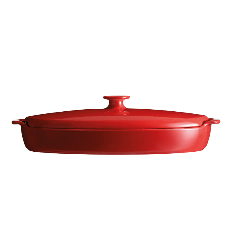 Seitenansicht Emile Henry Keramik Papillote Form / Dampfgarer - 2,2 l – rot im Home-and-Kitchen Online Shop