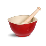 Emile Henry Mörser mit Stößel, Durchmesser 14 cm, in 2 Farben, Keramik-Stößel mit Holzgriff, 600 ml Füllvolumen, angeraute, unebene Innenseite für effiziente Ergebnisse