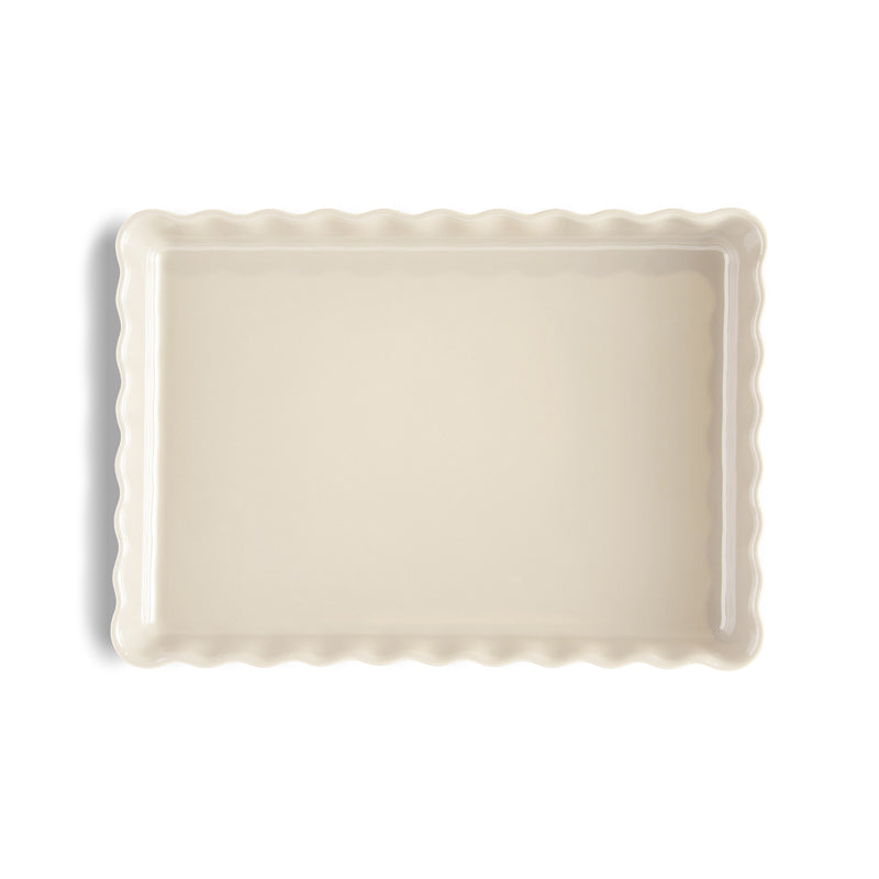Aufsicht von oben Emile Henry rechteckige Keramik Kuchenform / Tarteform, Farbe Creme, 33 x 25 cm, spülmaschinenfest