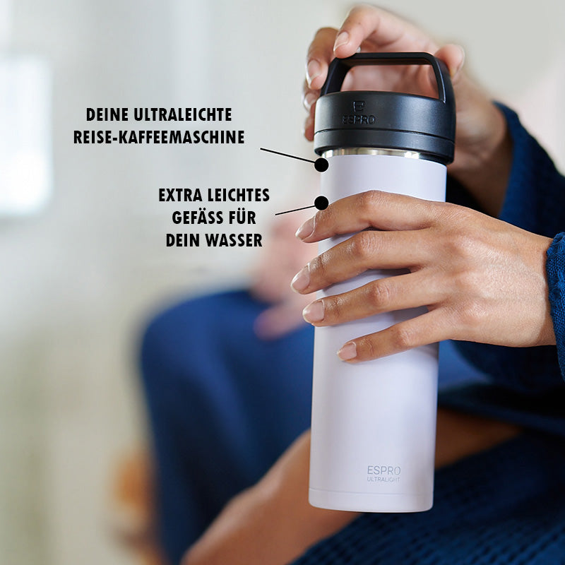 Erklärung für ESPRO P0 Ultralight Travel Coffee Press 470 ml - Farbe Frost Wisteria, mit Tragebügel, Höhe 23,4 cm, Vakuumisoliert, im Home-and-Kitchen Online Shop