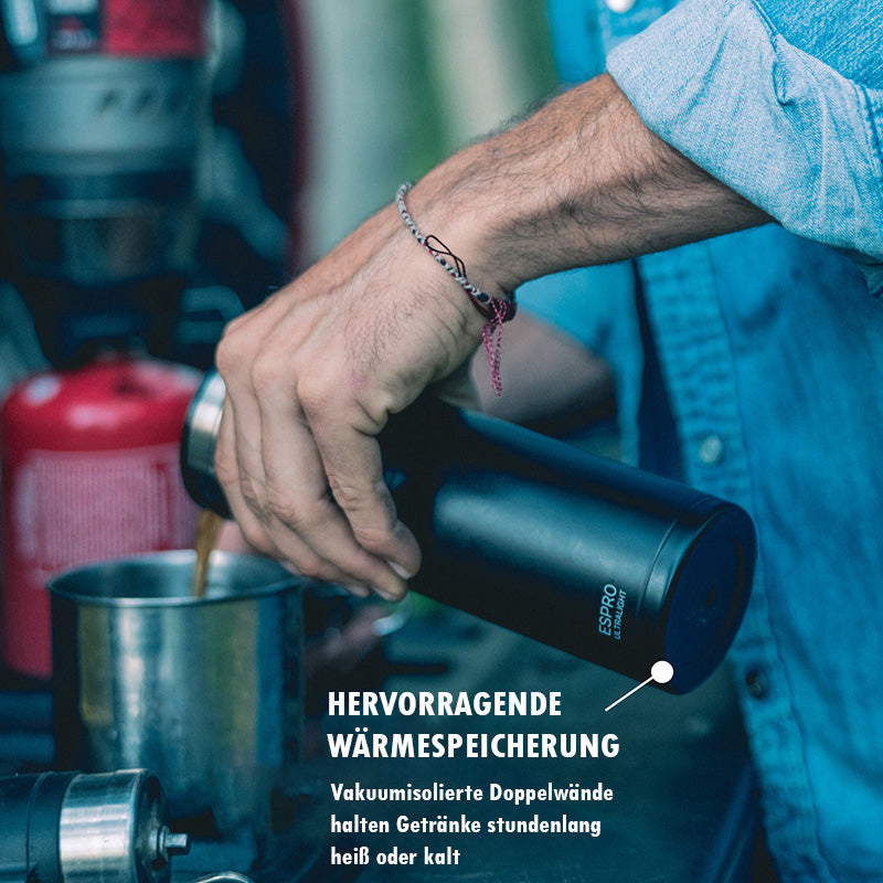 ESPRO P0 Ultralight Travel Coffee Press 470 ml - Farbe Schwarz, mit Tragebügel, Höhe 23,4 cm, Vakuum-Isoliert, im Home-and-Kitchen Online Shop