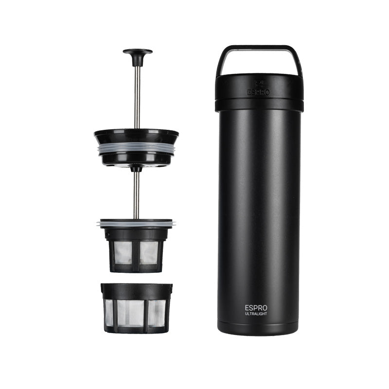 ESPRO P0 Ultralight Travel Coffee Press 470 ml - Farbe Schwarz, mit Tragebügel, Höhe 23,4 cm, Vakuum-Isoliert, im Home-and-Kitchen Online Shop