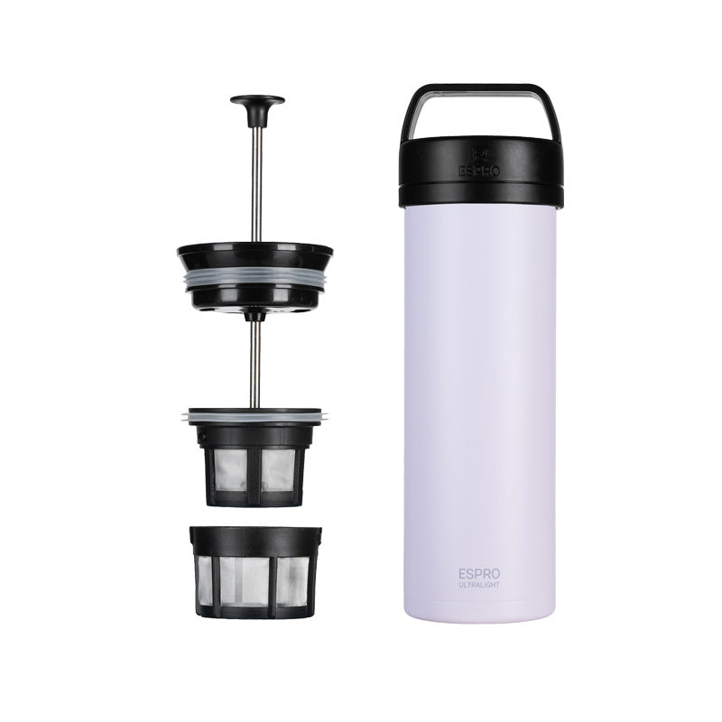 ESPRO P0 Ultralight Travel Coffee Press 470 ml - Farbe Frost Wisteria, mit Tragebügel, Höhe 23,4 cm, Vakuumisoliert, im Home-and-Kitchen Online Shop