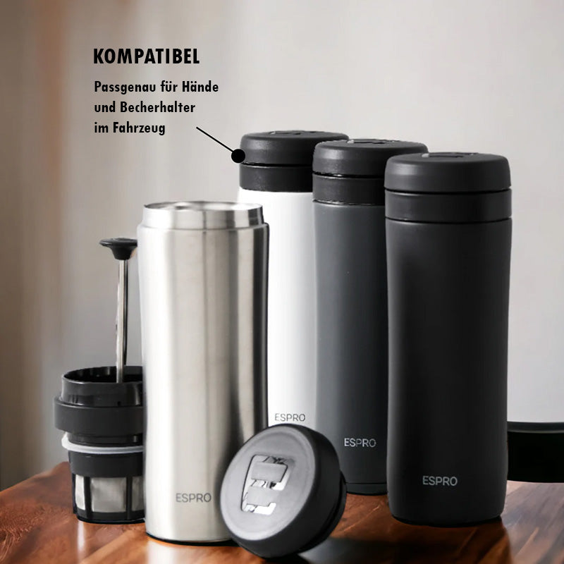 Beipiel ESPRO P1 Travel French Press 350 ml - Edelstahl Schwarz pulverbeschichtet, Vakuum-Isolierung, Höhe 20,6 cm, im Home-and-Kitchen Online Shop