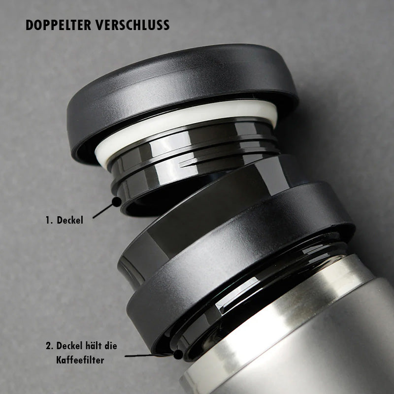 Detailansicht Verschluss und Deckel für ESPRO P1 Travel French Press 350 ml - Edelstahl Schwarz pulverbeschichtet, Vakuum-Isolierung, Höhe 20,6 cm, im Home-and-Kitchen Online Shop