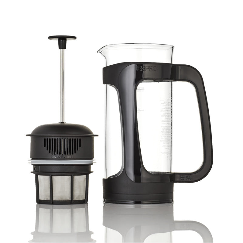Ansicht Kanne und Filtereinheit Espro P3 French Press Everyday Kaffeebereiter - 540 ml, inklusive Filter, Höhe 23 cm, Borosilikatglas, Schwarz glänzend im Home-and-Kitchen Online Shop