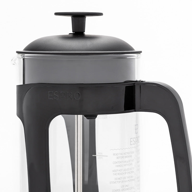 Seitenansicht Espro P3 French Press Everyday Kaffeebereiter - 950 ml, inklusive Filter, Höhe 24 cm, Borosilikatglas, Schwarz glänzend im Home-and-Kitchen Online Shop