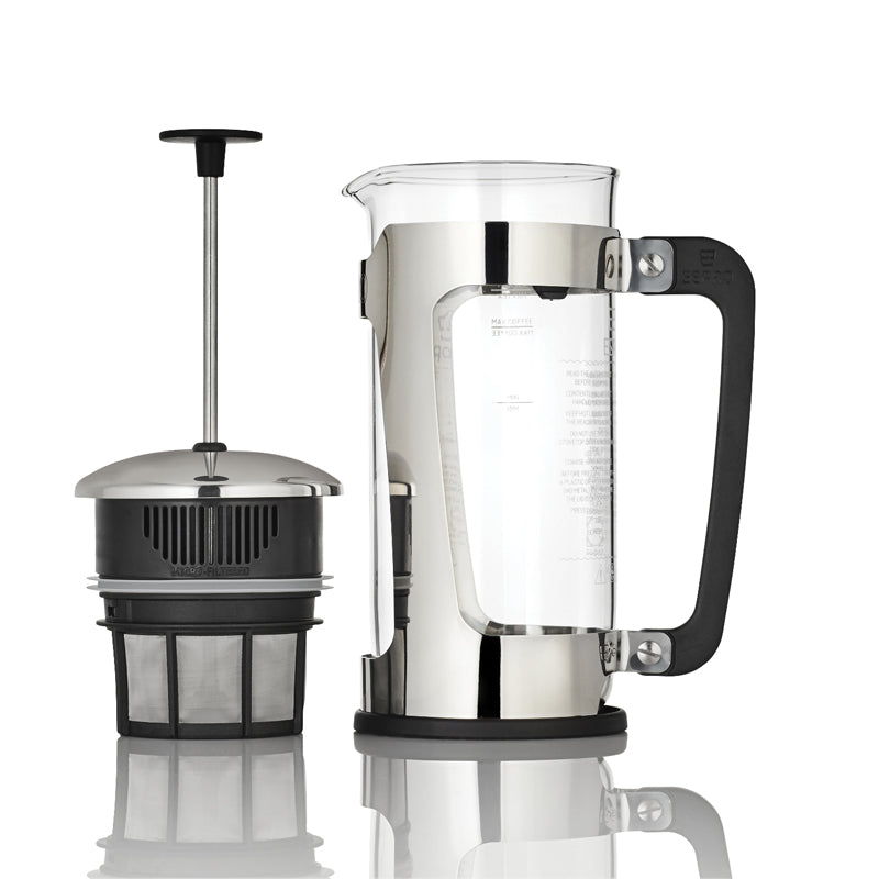 Ansicht Filtereinheit und Kanne Espro P5 French Press Kaffeebereiter 540 ml - Edelstahl poliert, Borosilikatglas, Höhe 23 cm, im Home-and-Kitchen Online Shop