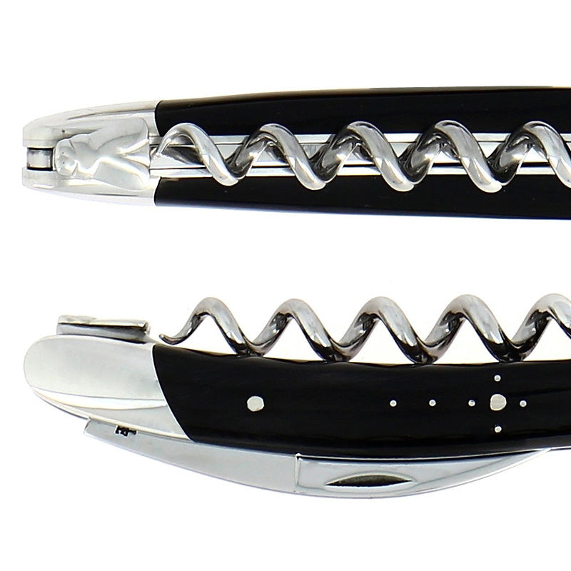 Detailansicht Biene und Korkenzieher des Forge de Laguiole Sommeliermesser - Griffs aus echtem Aubrac Horn - schwarz, Metall glänzend poliert im Home-and-Kitchen Online Shop