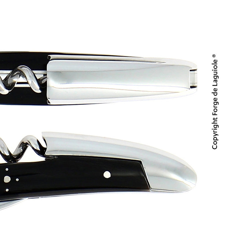 Detailansicht Forge de Laguiole Sommeliermesser - Griff aus echtem Aubrac Horn - schwarz, Metall glänzend poliert im Home-and-Kitchen Online Shop