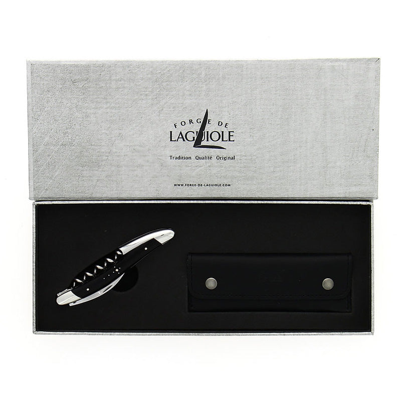 Geschenkbox des Forge de Laguiole Sommeliermessers - Griff aus echtem Aubrac Horn - schwarz, Metall glänzend poliert im Home-and-Kitchen Online Shop