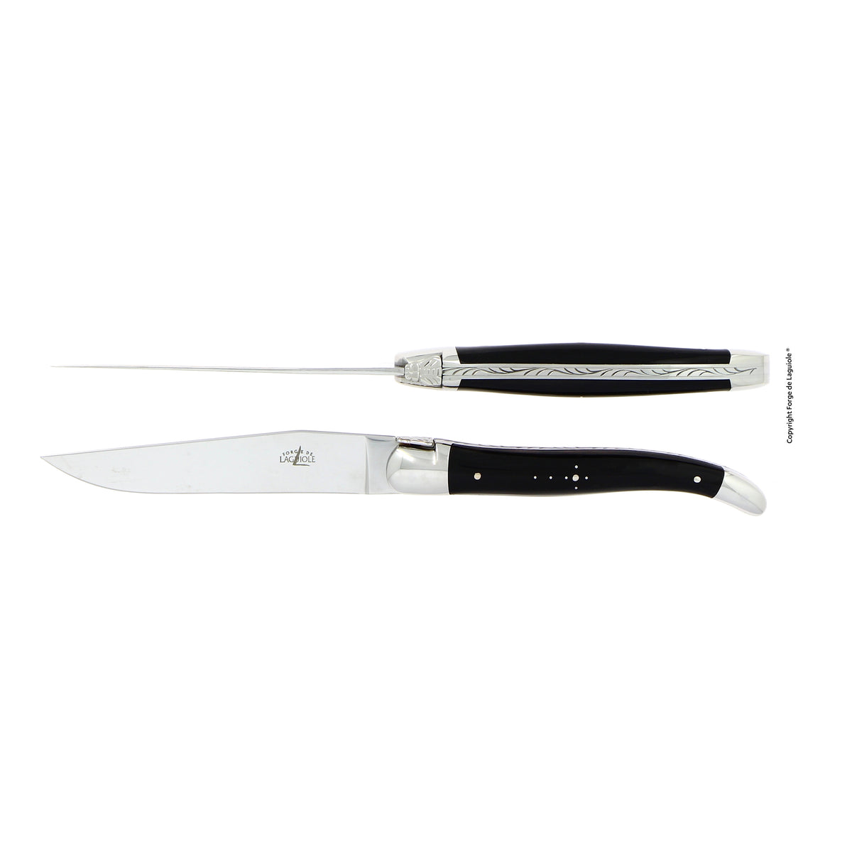 2er Set Tafelmesser von Forge de Laguiole mit Griffen aus natürlichem Horn vom Aubrac-Rind, hochglanzpolierte Klinge und Backen (Mitren), aus geschmiedetem T12-Stahl. Online-Shop Home-and-Kitchen.de
