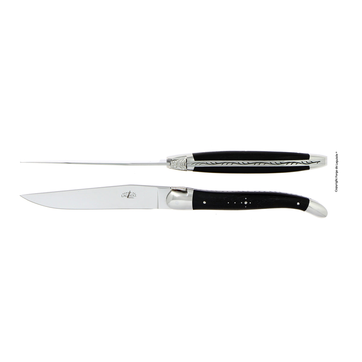 2er Set Tafelmesser von Forge de Laguiole mit hochglanzpolierter Klinge und Backen (Mitren), handgefertigte Griffe aus Ebenholz mit Ziselierungen
Online-Shop Home-and-Kitchen.de
