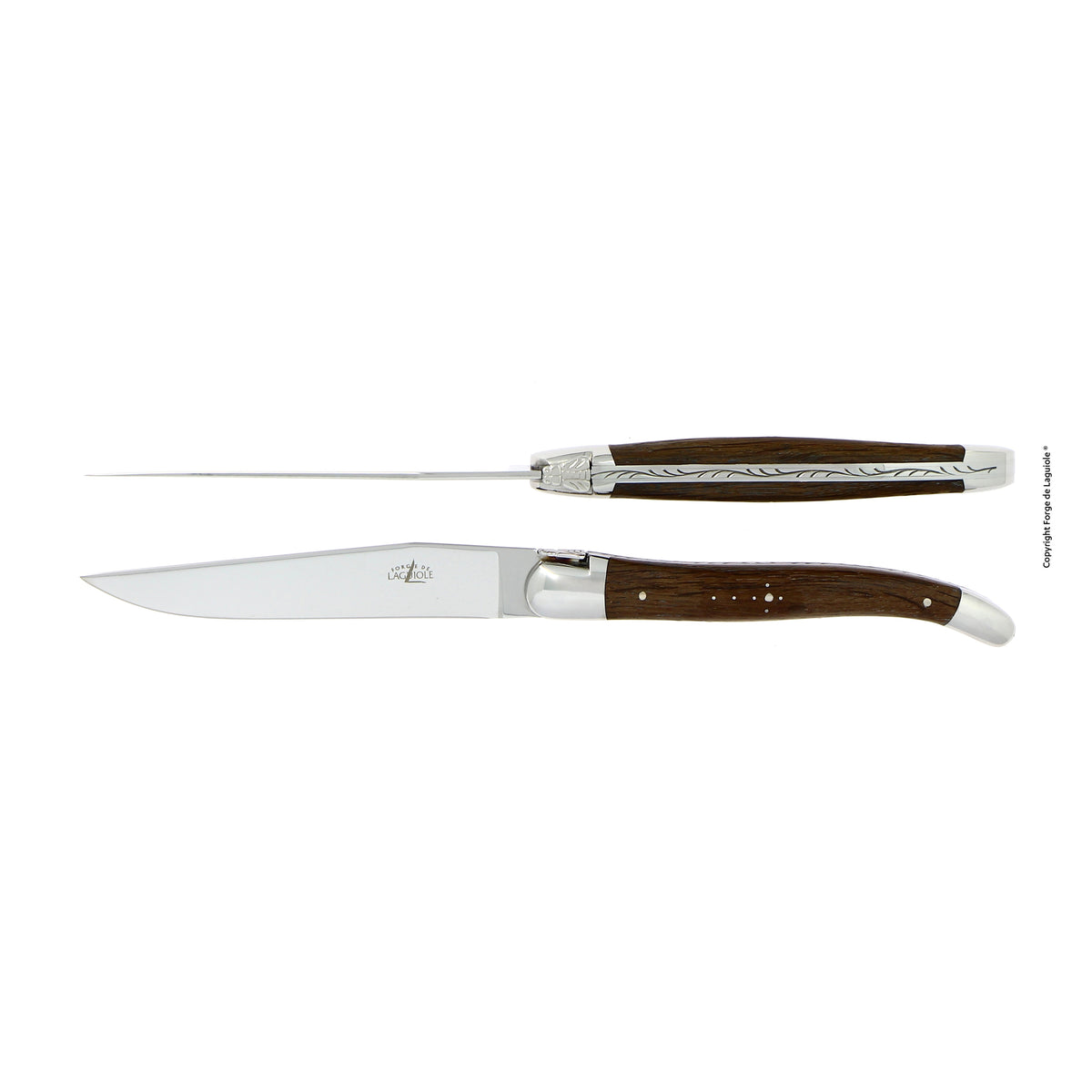 2er Set Tafelmesser von Forge de Laguiole mit Griff aus 5.000 Jahre alter Mooreiche, hochglanzpolierter Klinge 
und bekanntem Bienen-Emblem
Online-Shop Home-and-Kitchen.de