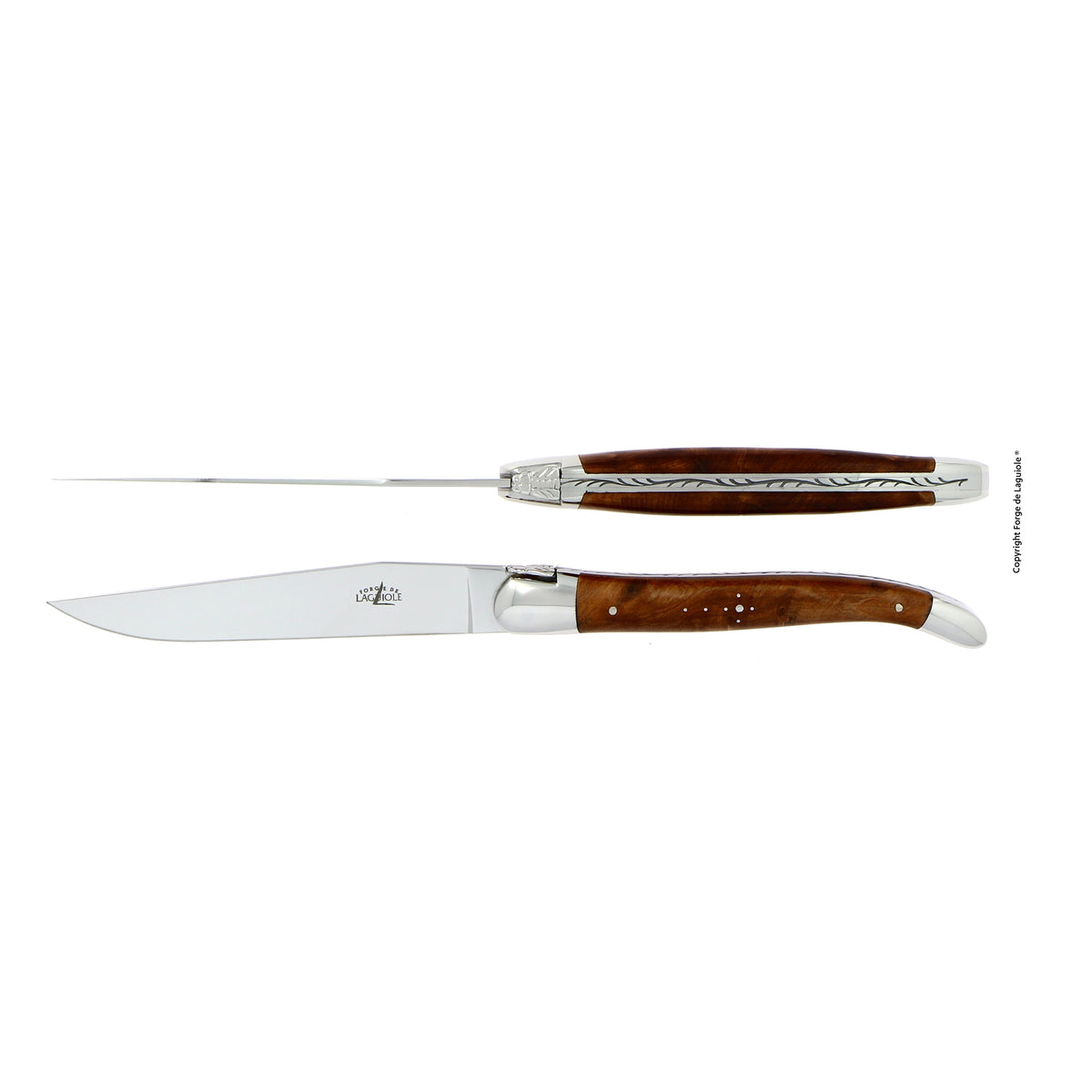 2er Set Tafelmesser von Forge de Laguiole mit hochglanzpolierter Klinge und Backen (Mitren) sowie Holzgriffe aus Thuja, mit Ziselierung, handgearbeitet. Online-Shop Home-and-Kitchen.de

