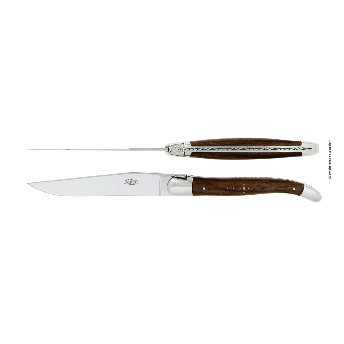 2er Set Tafelmesser von Forge de Laguiole mit Walnussgriffen, 
hochglanzpolierter Klinge und Backen (Mitren), aus T12-Stahl, in Handarbeit gefertigt, mit Ziselierungen, geliefert in Geschenkbox mit Echtheitszertifikat
Online-Shop Home-and-Kitchen.de