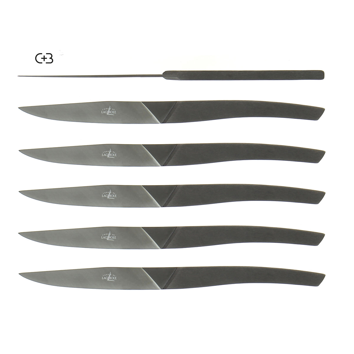 6er-Set Tafelmesser AIGUDA, mit  schwarzer PVD Beschichtung, exklusiv für Forge de Laguiole: geschmiedeter T12-Stahl, optimale Balance zwischen Griff und Klinge. Online-Shop Home-and-Kitchen.de
