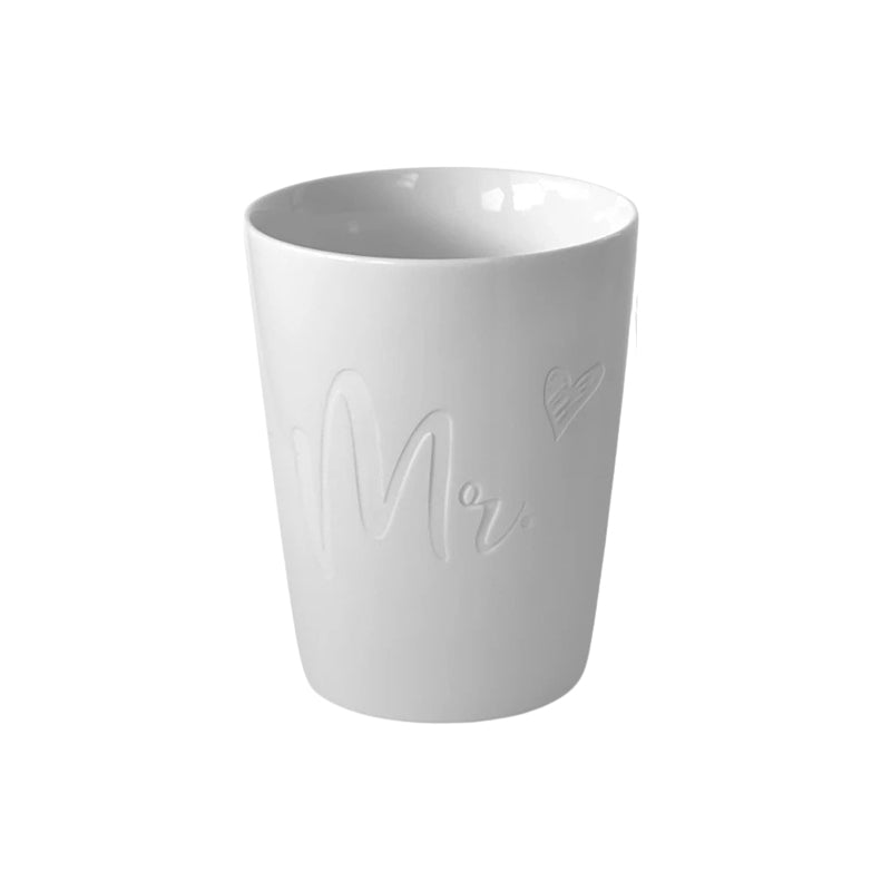 Goldscherben Porzellan Kaffeebecher "MR" - weiß, eingeprägtes Motiv, 280 ml, im Home-and-Kitchen Online Shop