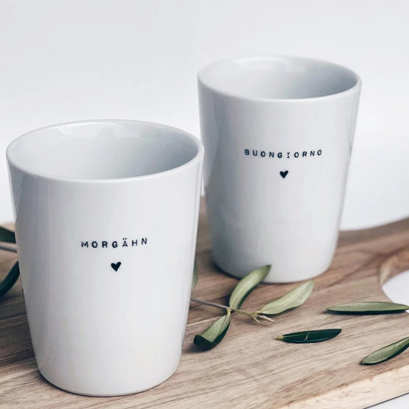 Goldscherben Porzellan Kaffeebecher weiß, Motive Morgähn und Buongiorno, 280 ml, im Home-and-Kitchen Online Shop