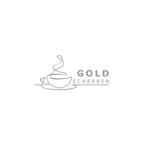 GOLDSCHERBEN-Logo - Schalen, Becher und Kaffeetassen aus weißem Porzellan mit Goldaufdruck
