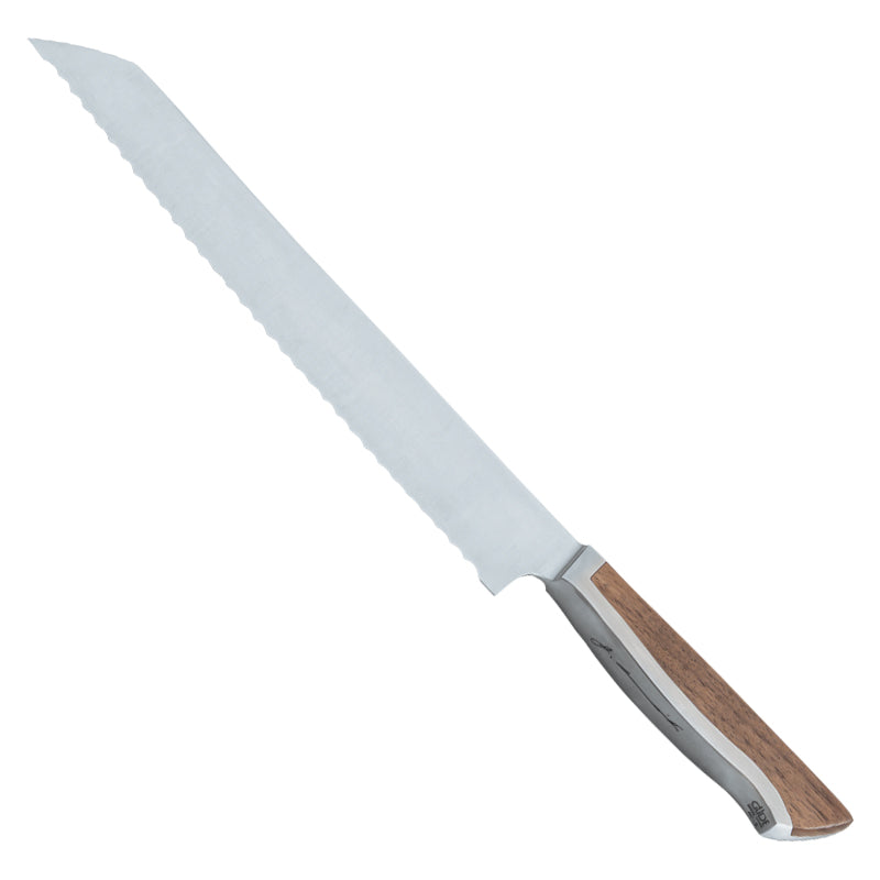 Brotmesser CAMINADA von Güde Messer Solingen, Nussbaum - Griff, durchgeschliffene Klinge mit Wellen-schliff, Übergang von Klinge zu Griff, aus einem Stück Stahl geschmiedet.
Online-Shop Home-and-Kitchen.de