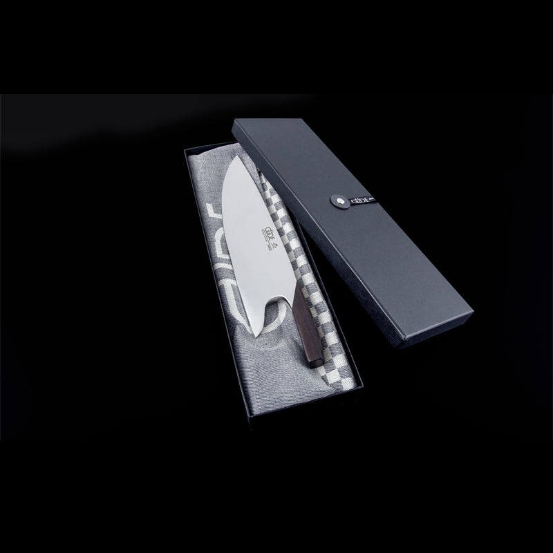 Güde Solingen Kochmesser THE KNIFE - Griff aus Olivenholz, Gesamtlänge 26 cm, handgefertigt in Solingen, Lieferung inklusive Geschenkbox und Grubentuch