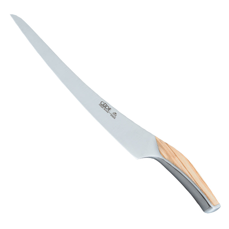 Tranchiermesser SYNCHROS von Güde Messer Solingen mit außergewöhn-licher Griffführung, Griffschalen aus Olivenholz oder Räuchereiche, in Handarbeit geschmiedet, im Online-Shop Home-and-Kitchen.de
