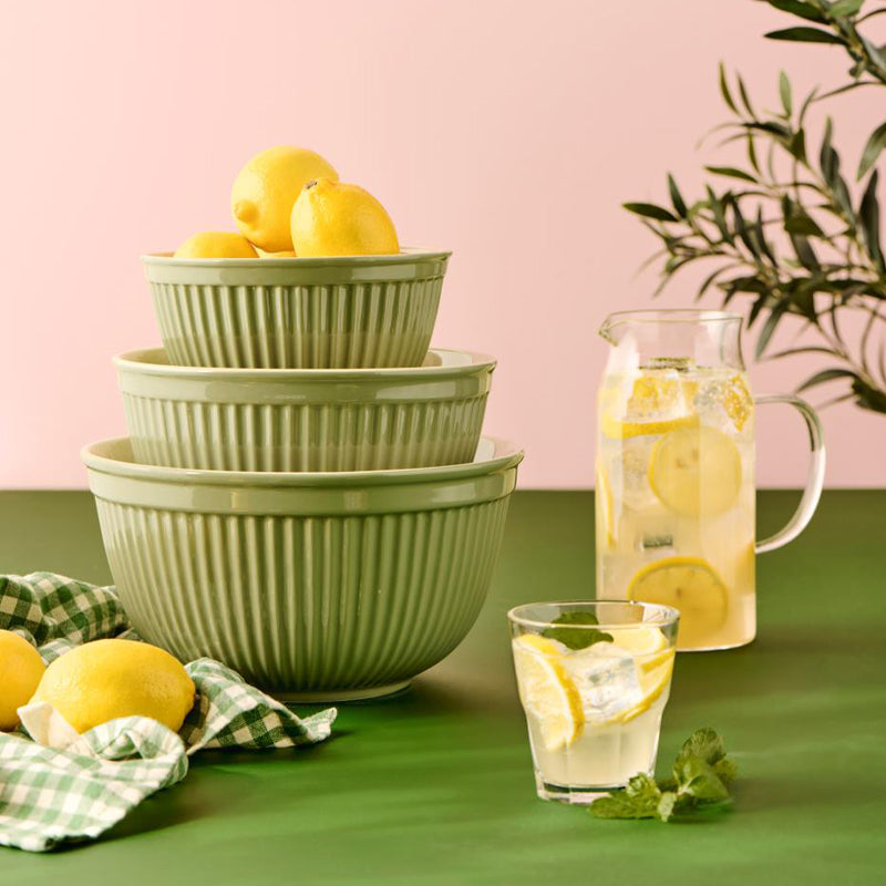 3-teiliges Schalen-Set Mynthe in der Farbe wasabi, auch als Obstschale geeignet, in den Größen 25,5, 22 und 18 cm, spülmaschinenfest, mit Rillendesign