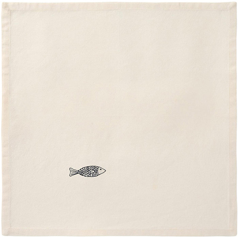Blauer, aufgestickter Fisch auf Stoffserviette Atlantis von IB Laursen, 40 Grad waschbar, Größe 40x40 cm, Serviette Farbe butter-cream