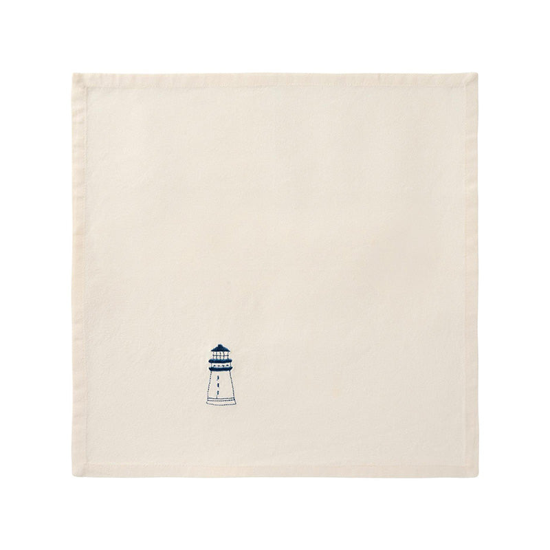 IB Laursen Stoffserviette aus der Serie Atlantis mit einem aufgestickten Leuchtturm in blau, 40x40 cm Größe, waschbar bei 40 Grad, kombinierbar mit der Serie Flora