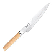 In Japan andgefertigtes Allzweckmesser von KAI - Serie: Seki Magoroku Composite, sichtbare Kupferverbindung zwischen den Stahlkomponenten, 
beidseitiger Schliff, für Rechts- und Linkshänder, Griff: helles Pakkaholz.
Online-Shop Home-and-Kitchen.de