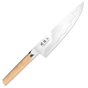 Beidseitig geschliffenes Kochmesser von KAI - Serie: Seki Magoroku Composite, mit moderner  Kupferverbindung zwischen den Stahlkomponenten, handgefertigt in Japan, Griff aus hellem Pakkaholz.
Online-Shop Home-and-Kitchen.de