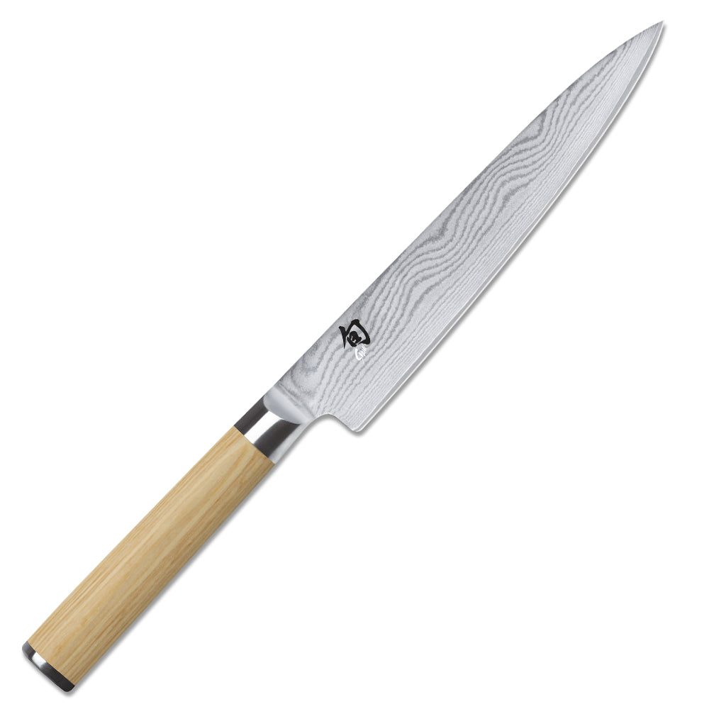 Allzweckmesser Shun Classic White von KAI, aus Japan, handgefertigt, 
Grifflänge: 11 cm, Klingenlänge: 15 cm 
beidseitiger Klingenschliff, Griff aus Pakkaholz, Esche ( hell ), Logo von KAI
Online-Shop Home-and-Kitchen.de