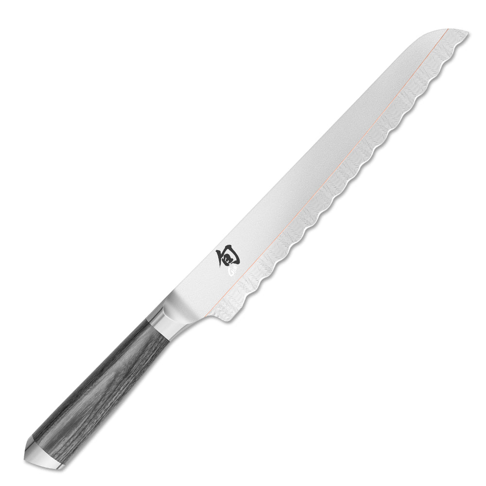 Brotmesser mit Wellenschliff von KAI, 
Serie: Shun Kagerou, beidseitig geschliffen, handgefertigt in Japan, Griff aus grau-meliertem Pakkaholz
Online-Shop Home-and-Kitchen.de
