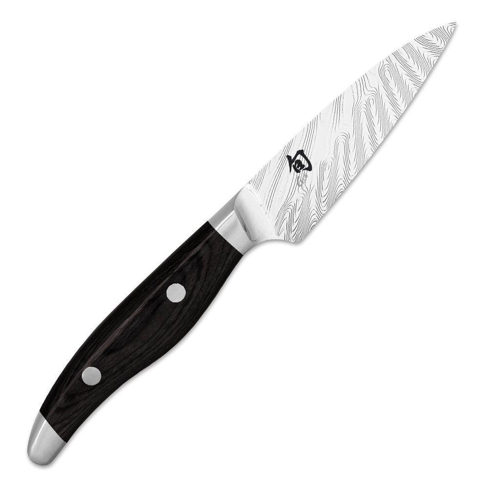 Officemesser von KAI - Serie: Shun Nagare Black, beidseitig geschliffen, Griff aus schwarzem Pakkaholz,
Grifflänge: 11,5 cm, Klingenlänge: 9 cm 
Online-Shop Home-and-Kitchen.de