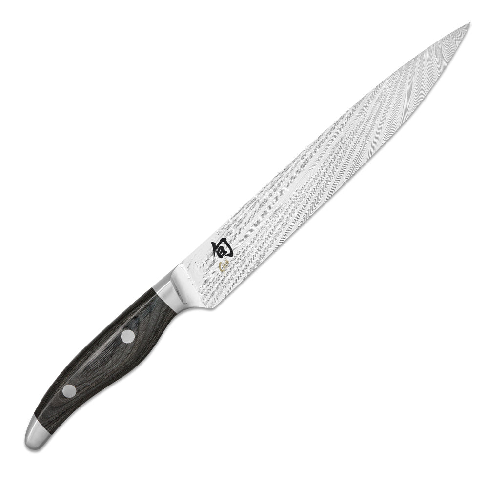 Schinkenmesser von KAI - Serie: Shun Nagare, beidseitig geschliffen, handgefertigt in Japan, Griffschalen aus 
Pakkaholz, grau-schwarz meliert
Online-Shop Home-and-Kitchen.de